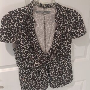Ashley Leopard Cap Sleeve Ruffle Button Cute Jacket Silky Stretch 2 Pockets XL
